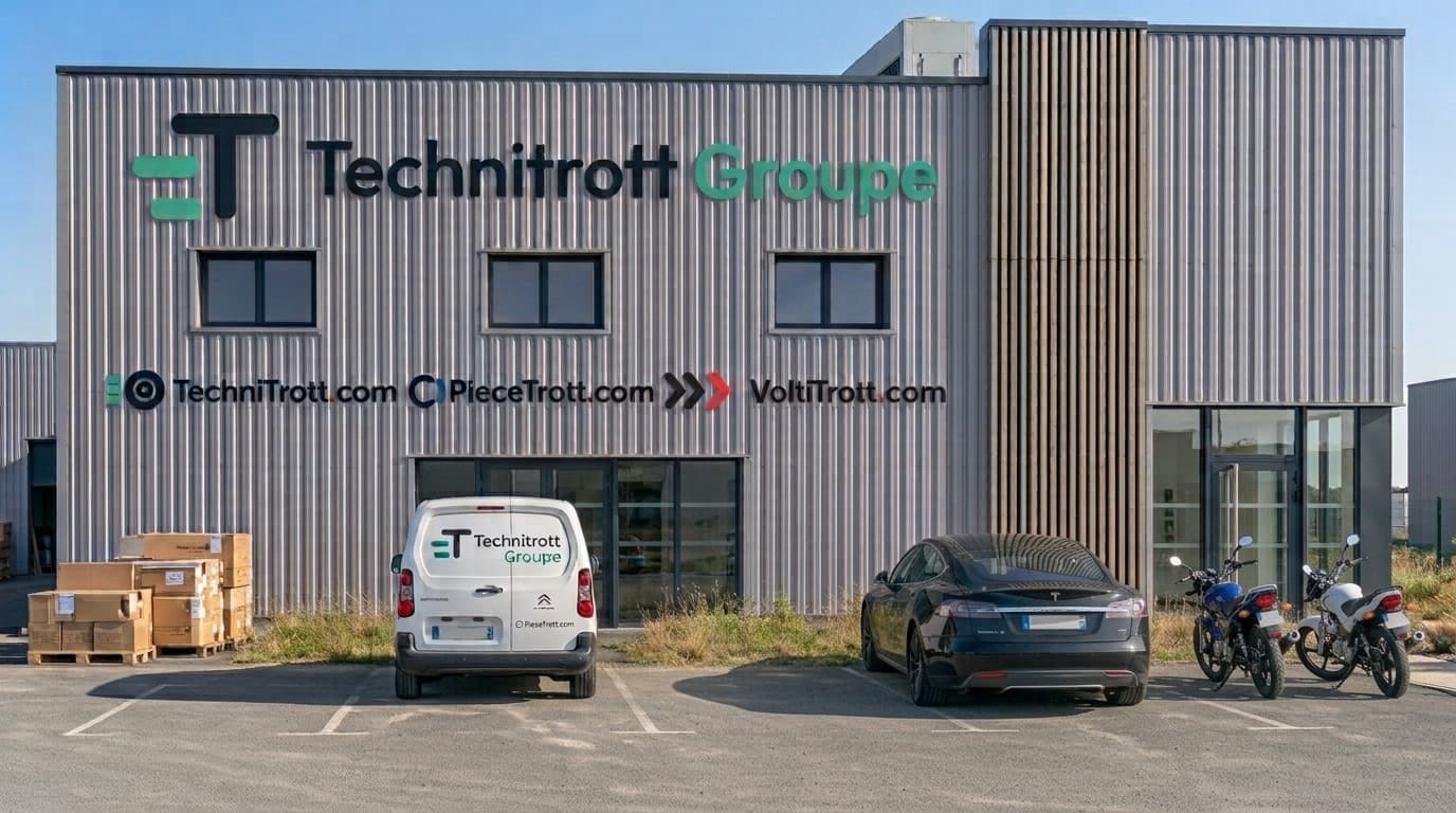 Entrepôt TechniTrott avec camionnette de livraison branded