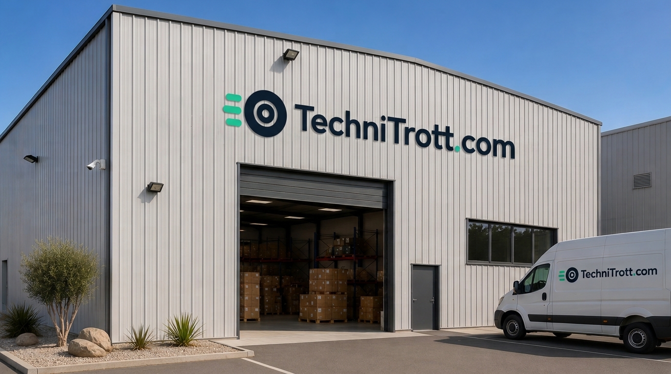 Entrepôt TechniTrott avec camionnette de livraison branded